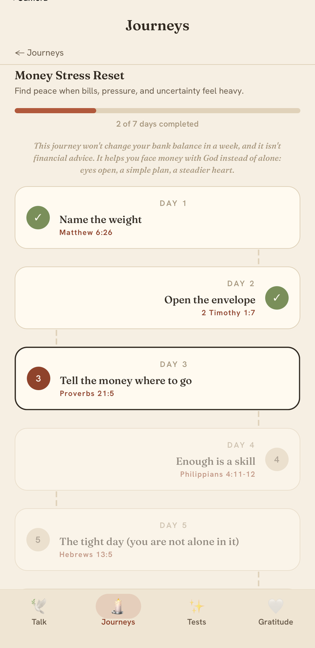 Guided journey path: seven days walked one at a time