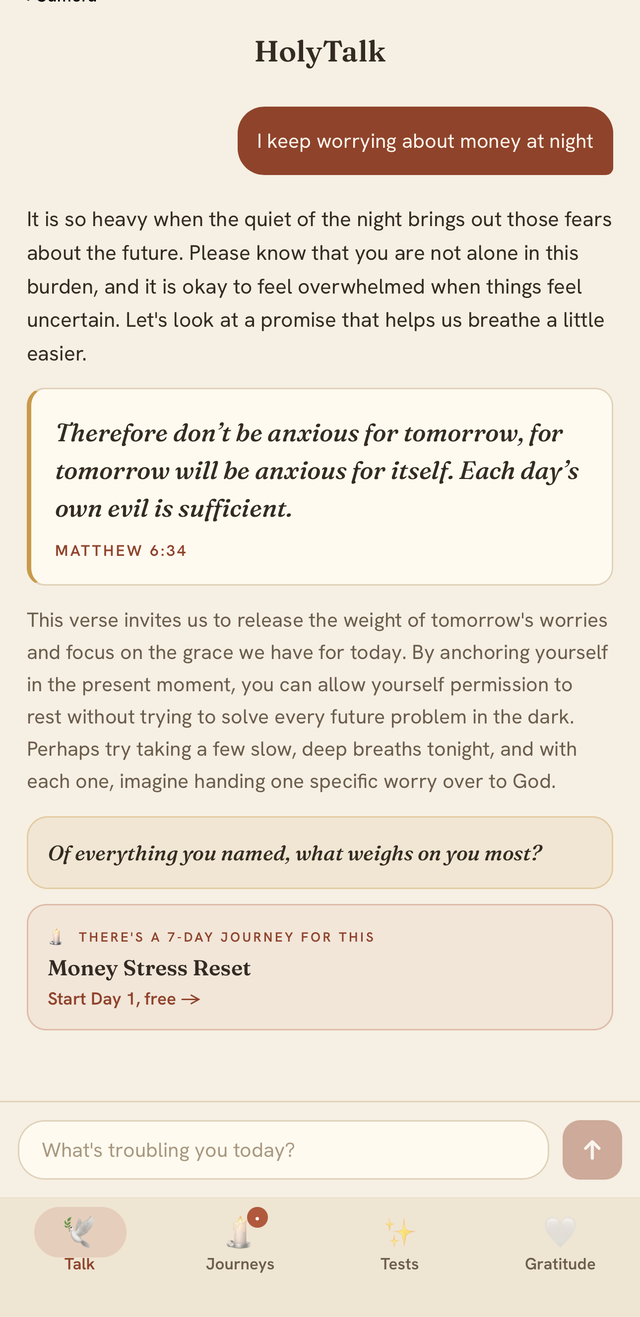 HolyTalk Talk screen: a conversation with a fitting Bible verse